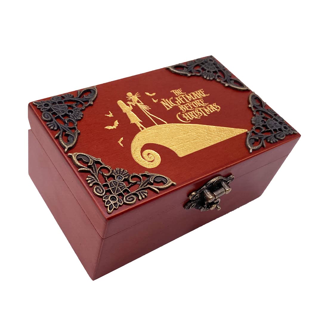 Youtang Nightmare Before Christmas Jewelry Music Box with Mirror Laser Engraved Wood Musical Box Wind up Musical Gift for Her Him Girlfriend Boyfriend (Melody: This is Halloween, Gold Movement)