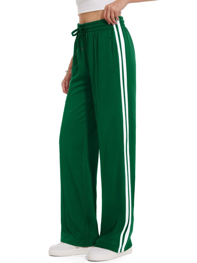 Tapata Petite Women 28" Inseam Warm Up Track Pants Wide Leg Sweatpants Lightweight Side Stripe Ladies Slacks Workout, Green, L