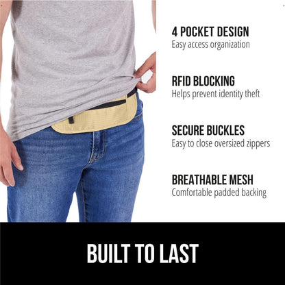 GORILLA GRIP 4 Pocket Secure RFID Blocking Money Belt, Anti Theft Hidden Fanny Pack for Passport and Credit Cards, Water Repellent Travel Pouch for Men Women with Adjustable Waist and Zippers, Sand