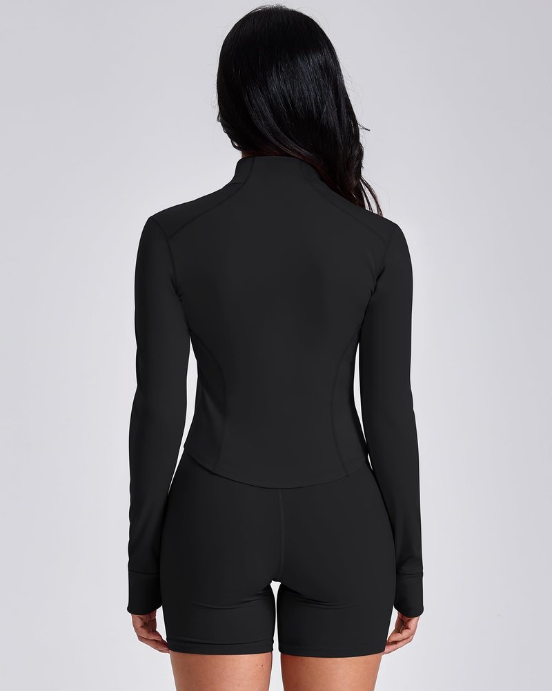 GYM RAINBOW Workout Jackets for Woman Lightweight Athletic Full Zip Running Jacket BBL Crop Tops With Thumb Holes(#1 Black,Medium)
