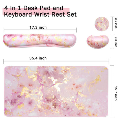 4-in-1 Large Gaming Mouse Pad, Keyboard Wrist Rest Pad & Wrist Support Mousepad Set, Extended Desk Pad Waterproof Desk Mat for Home Office Study Game-Pink Gold Marble