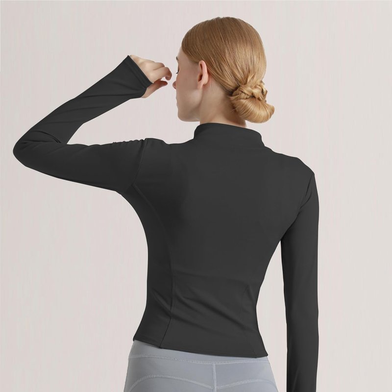 Ncvtang Women's Cropped Lightweight Stretchy Running Track Jackets Full Zip Slim Fit Athletic Tops with Thumb Holes(Black,S)