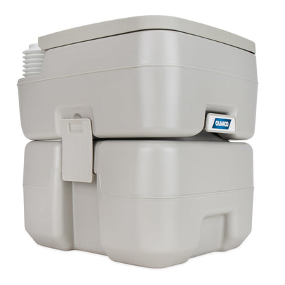 Camco 5.3-Gallon Portable Toilet - Features Detachable Holding Tank w/Sealing Slide Valve & Bellow-Type Flush - Easy Transport w/Compact Lightweight Design & Carry Handle - Gray (41541)