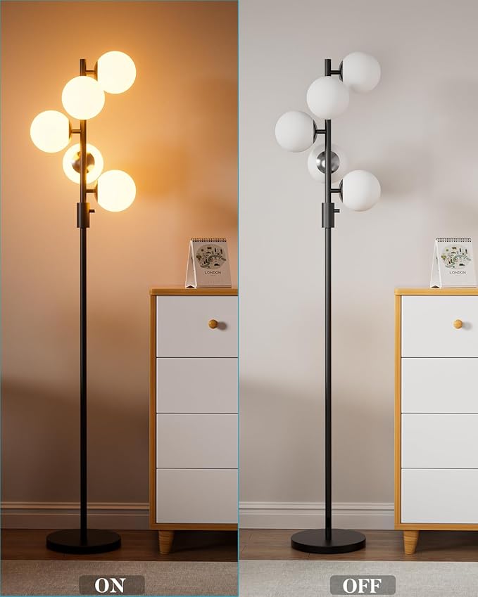 Lightdot 5-Globe Dimmable Globe Floor Lamp Black Retro Standing Lamps with 5Pcs 3000K G9 Bulbs Stepless Brightness Adjustable Mid Century Modern Floor Lamp with Stable Base for Living Room/Office