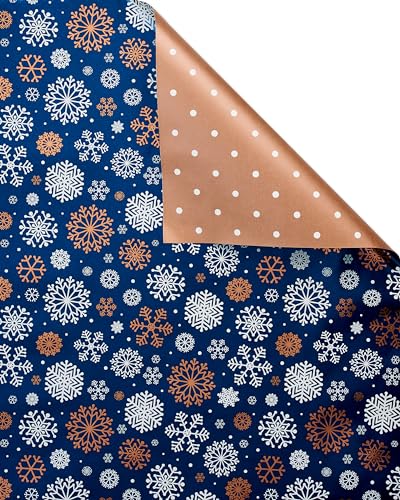 American Greetings Foil Christmas Wrapping Paper Rolls, Metallic Rose Gold and Navy Blue Holiday Gift Wrap (80 sq. ft., 4 Rolls-30 in. x 8 ft., Reversible) Snowflakes, Reindeer, Merry Christmas