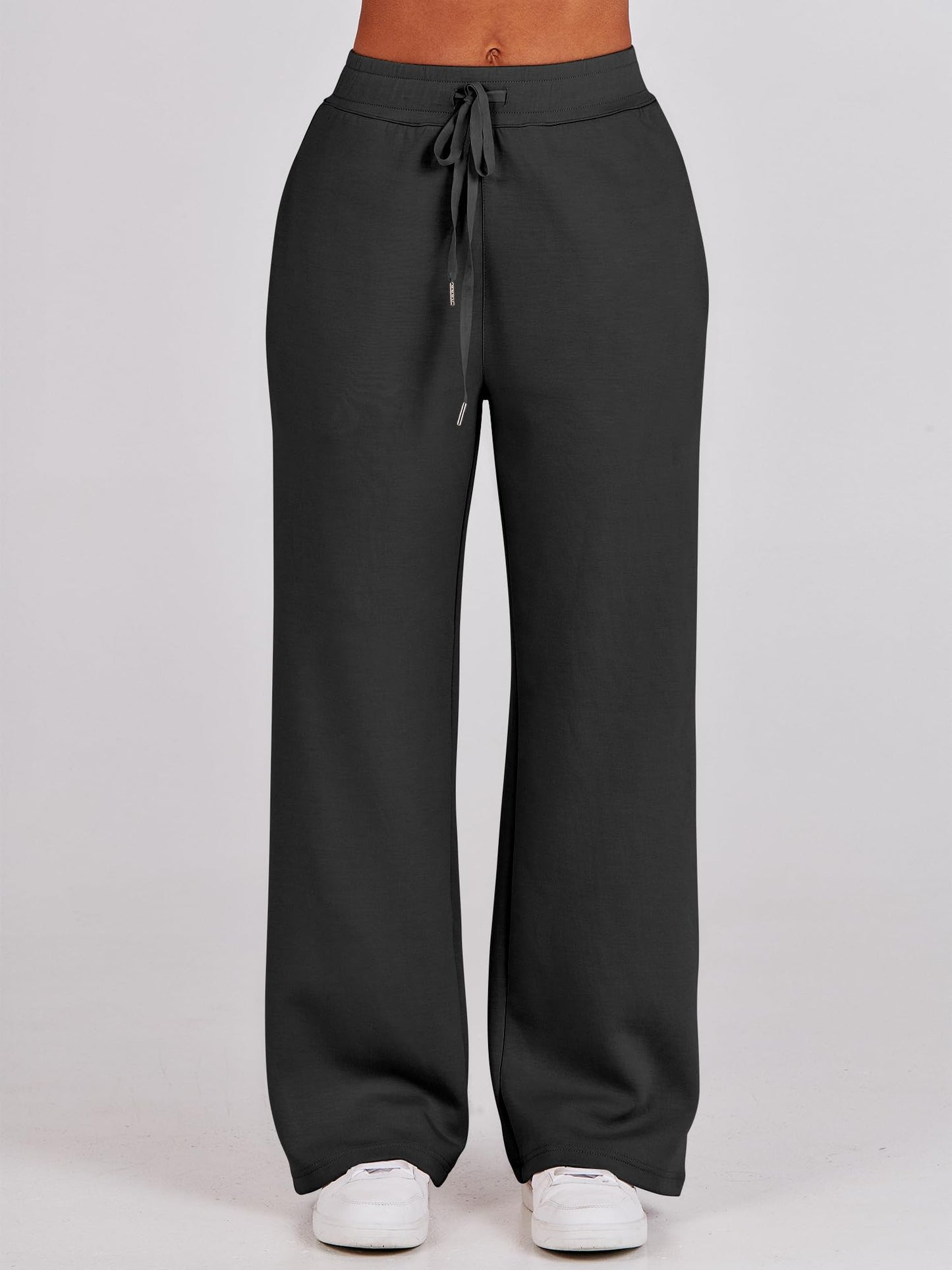 ANRABESS Women 2 Piece Outfits 2025 Fall Fashion Airport Wide Leg Pants Lounge Set Leisure Travel Vacation Clothes Sweatsuits Black Medium