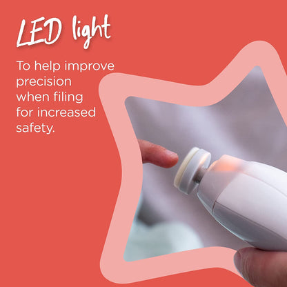 Tommee Tippee Electric Baby Nail File, with Six Filing Heads for Baby and Adult Use, Battery-Powered Infant Nail Clipper with LED Light and Adjustable Speed and Direction Settings