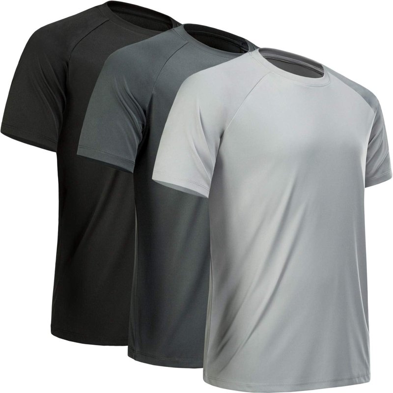 MCPORO Workout Shirts for Men Short Sleeve Quick Dry Athletic Gym Active T Shirt Moisture Wicking 3 Pack Black, Dark Grey, Light Grey XX-Large