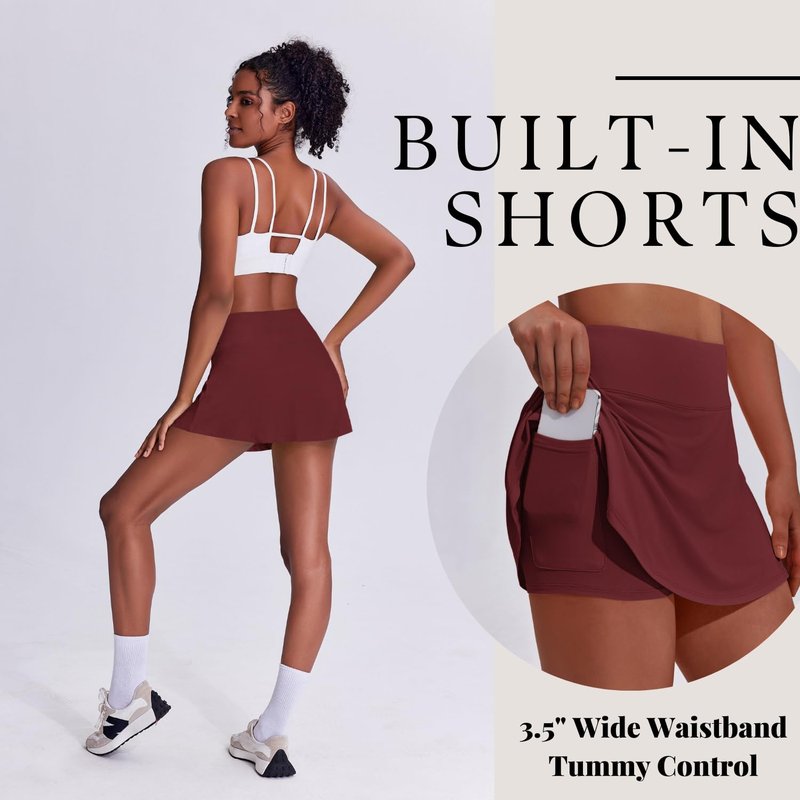 PINSPARK Skorts for Woman High Waisted Tennis Skirt Lightweight Golf Skirts with Pockets Flowy Pickleball Skirt Stretchy Athletic Skorts, Red Merlot X-Small