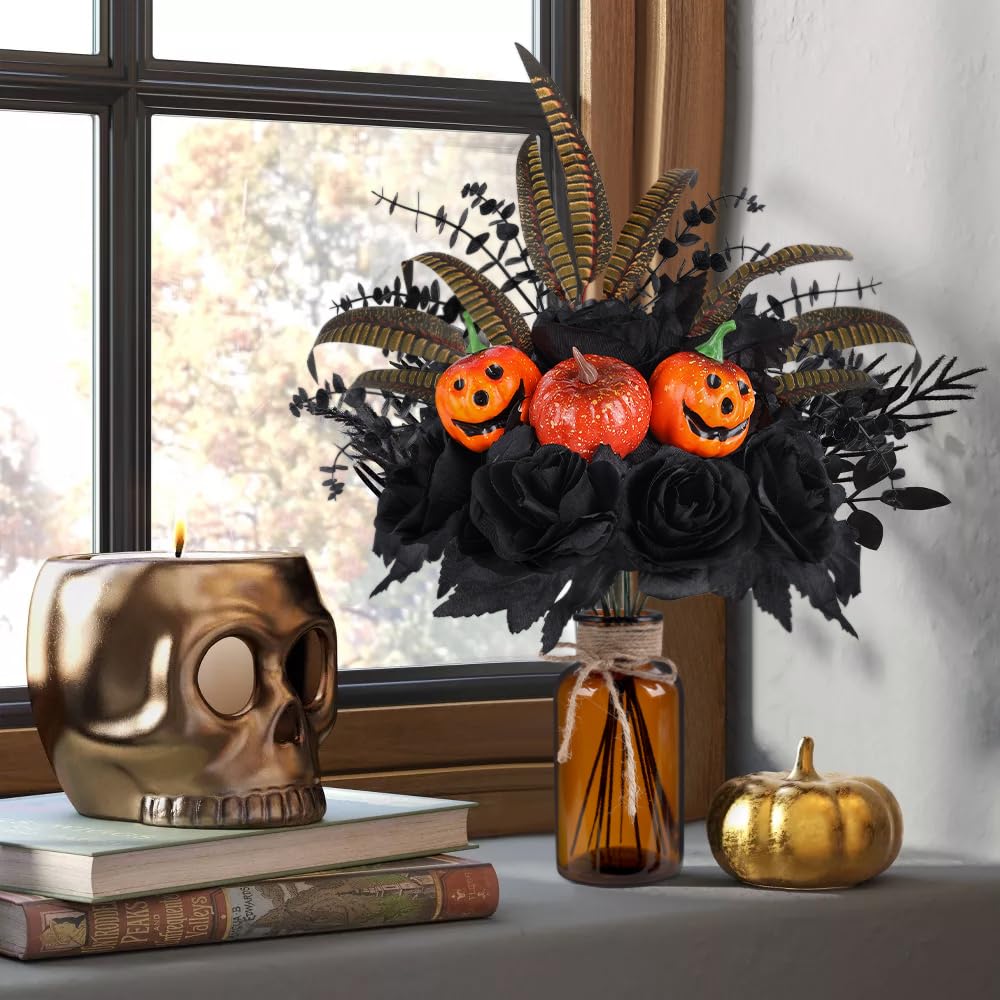 Bessol Halloween Artificial Flowers Decorations,Fake Black Roses Eucalyptus Pumpkins with Vase Arrangements Halloween Table Centerpiece for Kitchen Dining Living Room Home Indoor Decor