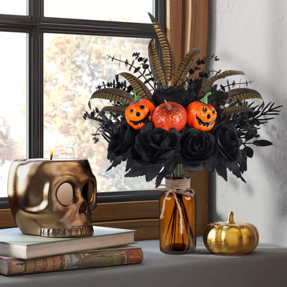 Bessol Halloween Artificial Flowers Decorations,Fake Black Roses Eucalyptus Pumpkins with Vase Arrangements Halloween Table Centerpiece for Kitchen Dining Living Room Home Indoor Decor