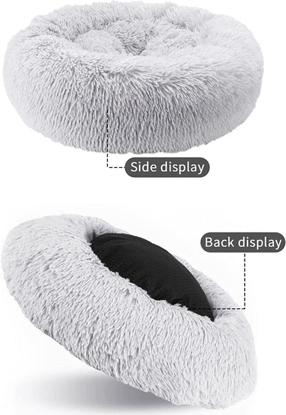 Cat Beds for Indoor Cats, 27 Inch Round Donut Washable Cat Bed, Fluffy Calming Self Warming Soft Donut Cuddler Cushion Pet Bed for Dogs and Kittens,Non-Slip (27 Inch, Light Grey)