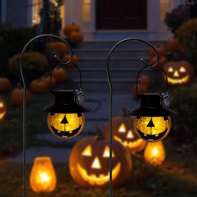 Viveta 2 Pcs Halloween Lights with Shepherd Hooks, Solar Lanterns Outdoor Waterproof for Halloween Decorations Outdoor Patio Yard Lawn