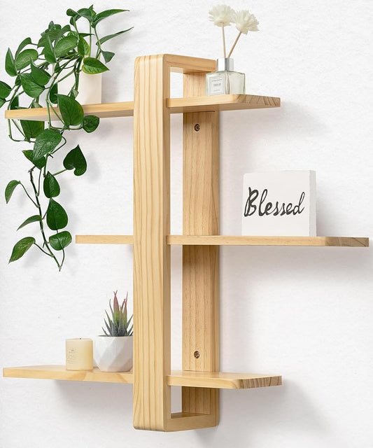 SUMGAR Floating Shelves for Wall Wood Mounted Shelving Unit All Pine Natural Wooden 3 Tier Large Shelf for Bedroom Living Room Office Bathroom Home Decoration Storage Plant Photo Display Modern 20in