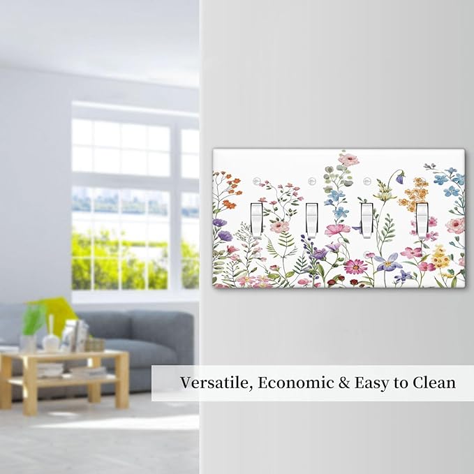 Rustic Wild Floral Vintage Watercolor Flower Quad Gang Toggle Light Switch Cover 4-Gang Wall Plates Decorative Electrical Switchplate for Home Bedroom Art Decorate