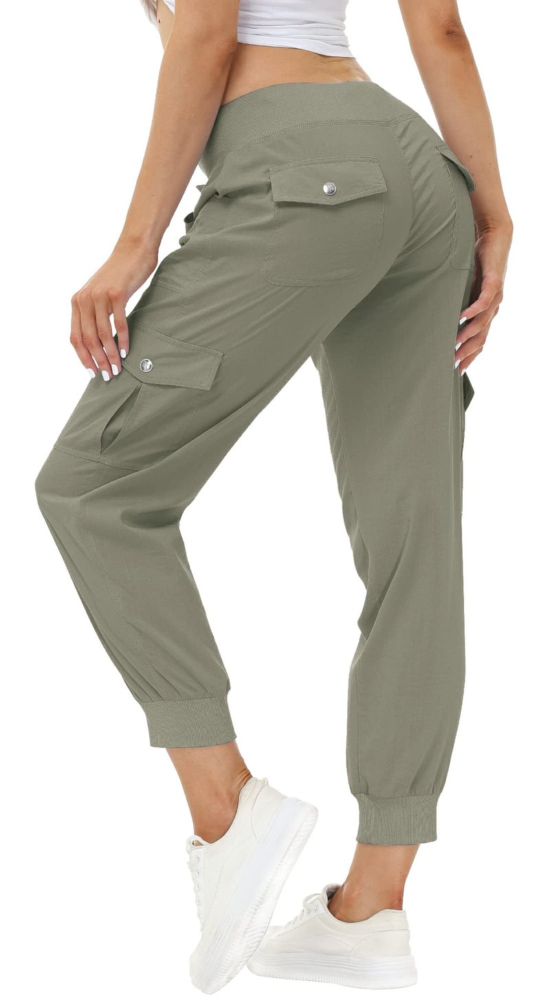 MoFiz Women's Hiking Pants Cargo Joggers Sweatpants with Pockets Lightweight Quick Dry Outdoor Summer Casual Athletic Elastic Waist Grey Khaki M