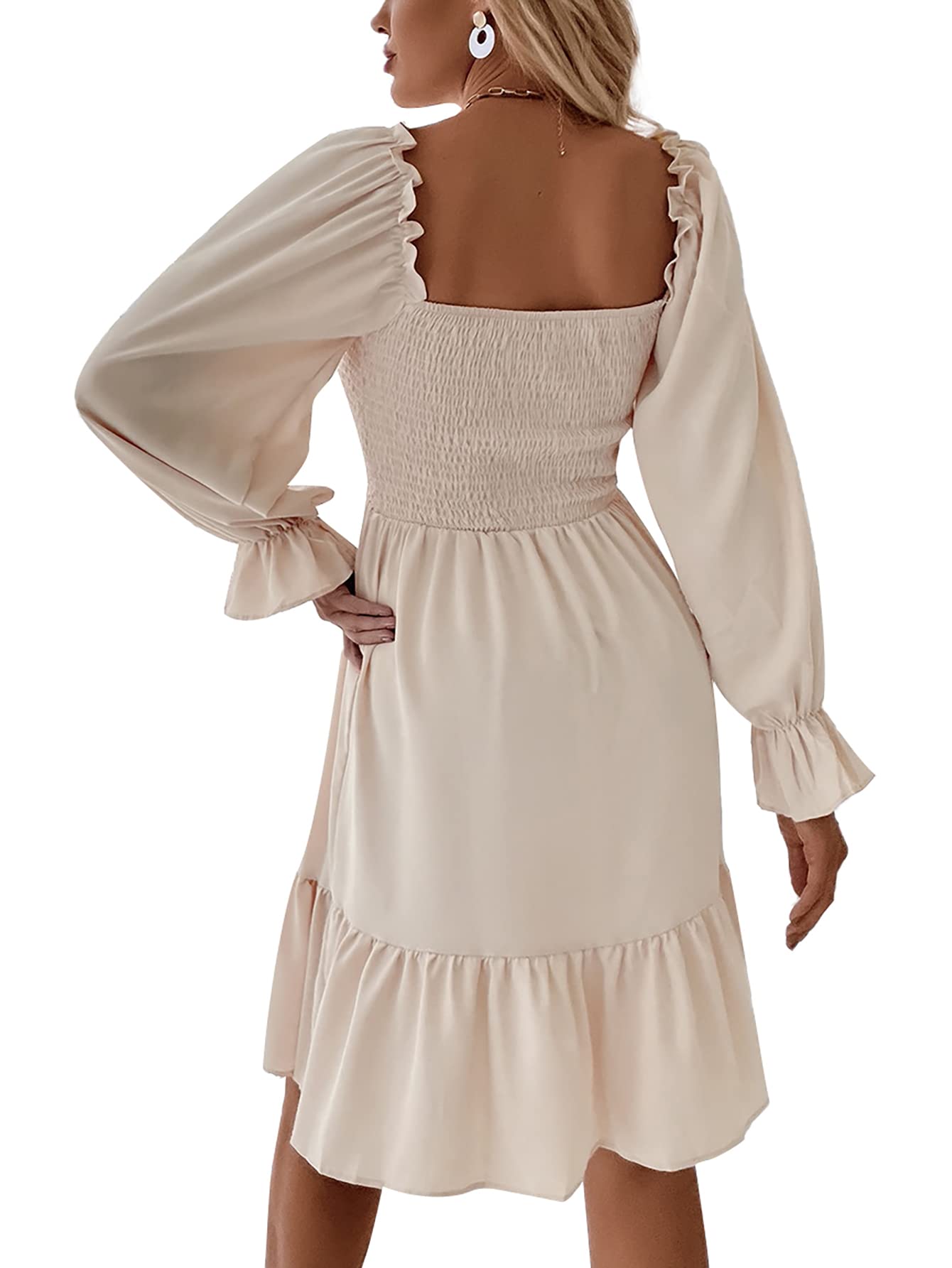 LYANER Women's Square Neck Lantern Long Sleeve Ruffle Shirred Flowy Party Mini Dress Solid Beige Small
