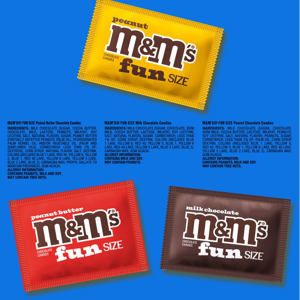 M&M'S Fun Size Assorted Chocolate Candy Variety Pack, Milk Chocolate, Peanut & Peanut Butter Party Size Bags for Party Favors, Halloween, Offices, and More, Bulk Candy, 19.41 Oz