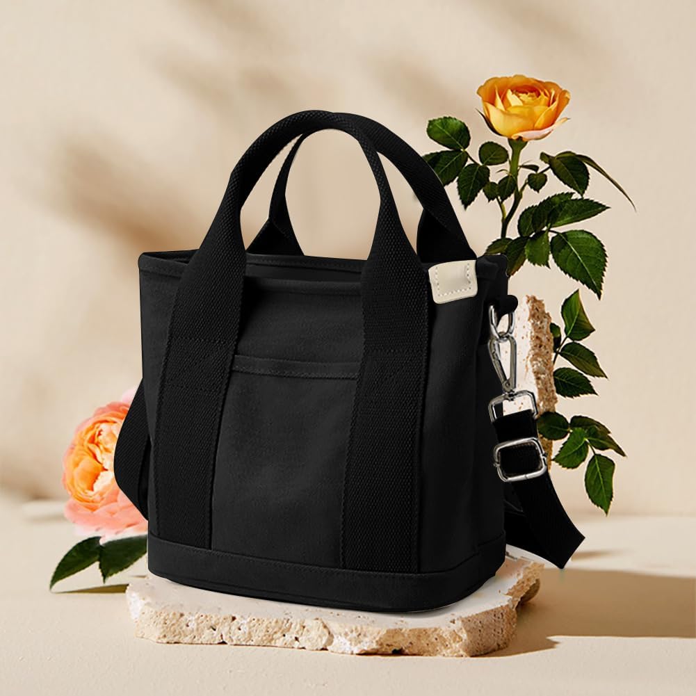 Aucuu Multi-Pocket Tote Bag, Canvas Tote Bags for Women, Crossbody Bags with Adjustable Strap, Large Capacity Shoulder Bag with Zipper, Ladies Handbags for School Shopping Work Travel，Black L