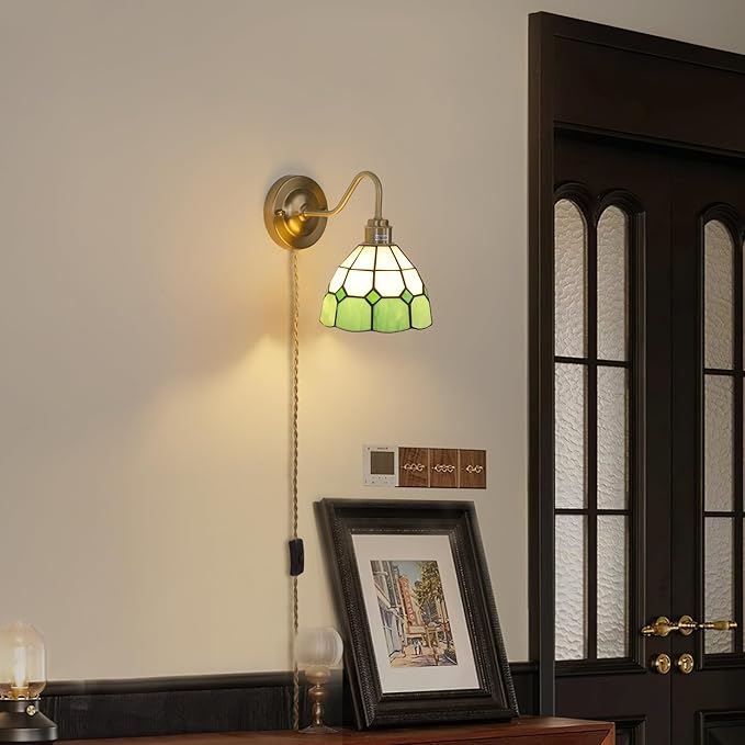Plug in Wall Sconces Set of 2, Vintage Wall Lamps with Green White Checker Stained Glass Shade, Brass Lights Fixture Decor for Bedroom Bathroom Living Room Hallway