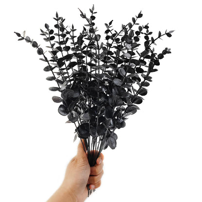 TIHOOD 14PCS 15” Black Eucalyptus Stems Artificial Eucalyptus Leaves Branches Fake Eucalyptuses Decor Faux Eucalyptus leaf Stem for Halloween Autumn Fall Floral Arrangement Wedding Bouquet Home Office