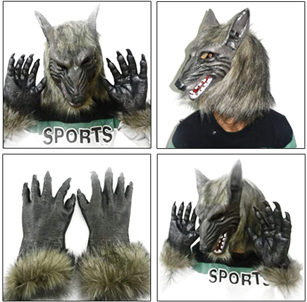 Odowalker Halloween Werewolf Costume Wolf Claws Gloves and Head Mask for Cosplay Costume Man Women Unisex Halloween Dress Up Parties (Both of them)