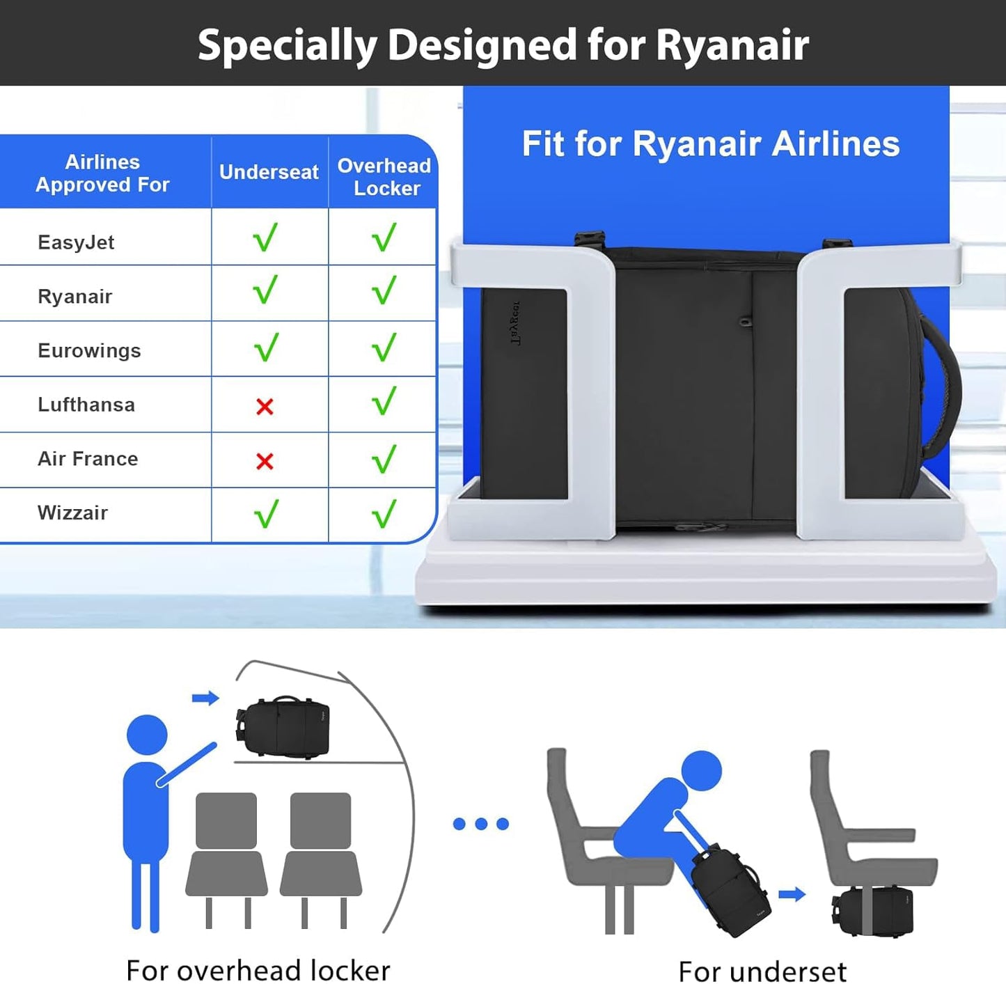 Taygeer Ryanair Cabin Bags 40x30x20 Underseat, Travel Backpack Cabin Size, Rucksack for Plane Hand Luggage Backpack for Travelling, Ryan Air Cabin Bag 40x30x20 with Separate Shoe Pouch, Black