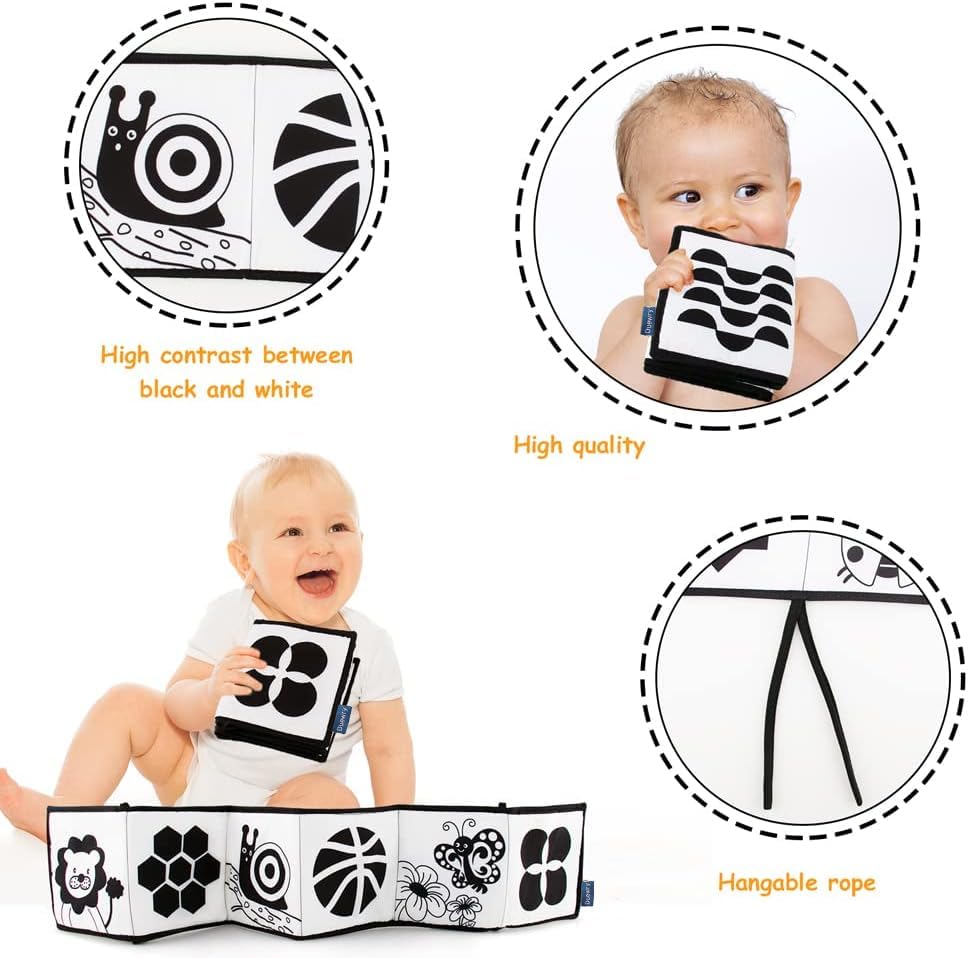 KaPing My First Black and White High Contrast Soft Book , Infant Tummy Time Toys, Black and White Baby Cards, Folding Educational Activity Cloth Book Suitable for Boys Girls Toddler