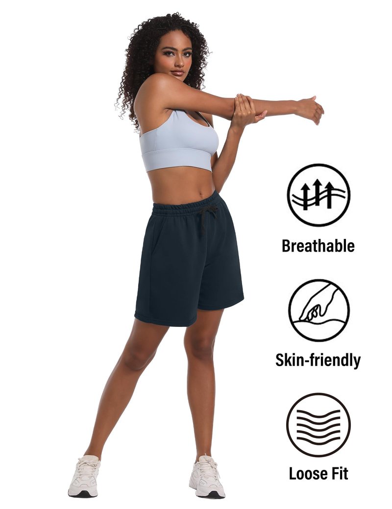 Dalavch 4 Pack Women's Summer Sweat Shorts Cotton Comfy Drawstring Shorts for Casual Lounge Sport Athletic with Pockets 2 Black 1 Pitch Blue 1 Heather Grey Large