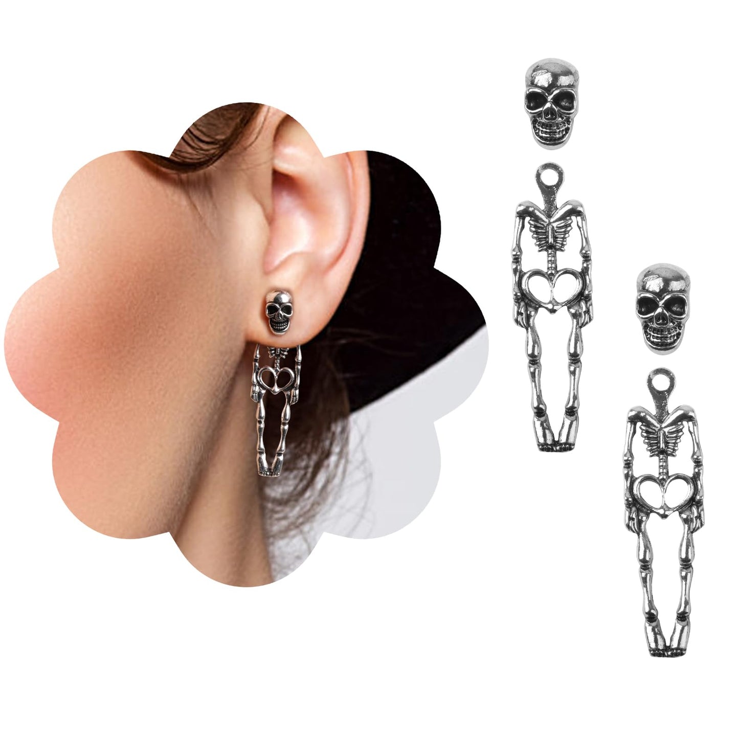 Halloween Earrings Silver, Skeleton Skull Dangle Earrings Jewelry for Women, Ideal for Halloween Party Cosplay(1 Pair Stud Style)
