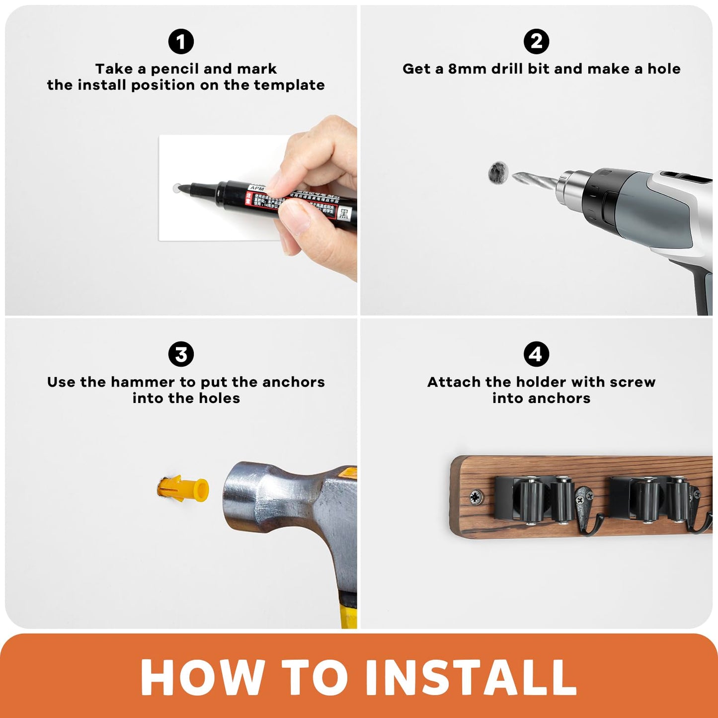 IMILLET Broom Holder Wall Mount, Rustic Wood Broom Hanger with 5 Racks and 4 Hooks, Laundry Room Organization and Storage, Mop Holder for Home Decor, Garden, Garage, Kitchen, Closet