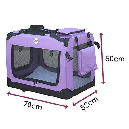 HugglePets Foldable Fabric Pet Crate Carrier - Purple (Large 70 x 52cm) Lightweight & Ventilated Double Door Carrier for Dogs & Cats with Sheepskin Mat. Ideal for Home & Travel.