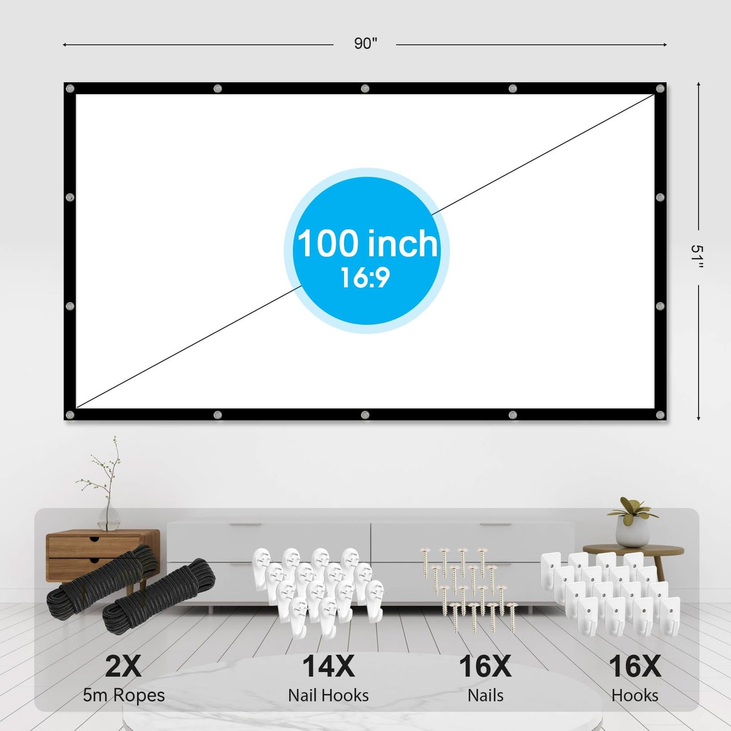 Frocopo 100 inch Projection Screens, Double Sided Washable Outdoor Projection Screen, 16:9 Foldable Anti-Crease Portable Projector Movies Screens for Camping Party, Home Theater, Office