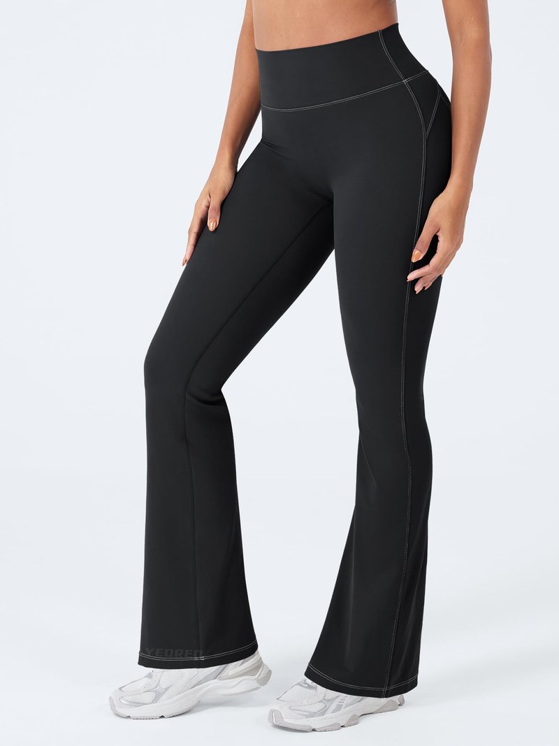 YEOREO CoreFlex Mini Flare Workout Leggings with Pockets for Women Butt Lifting High Waisted Hidden Scrunch Gym Denim Pants Black