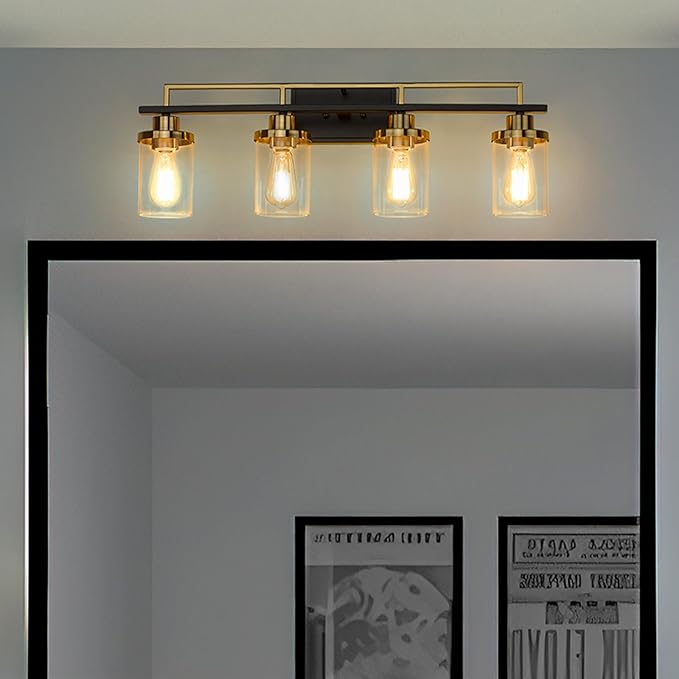 Emliviar Modern Bathroom Vanity Light - 4-Light Wall Lights for Bathroom, Black and Gold Finish with Clear Glass, YCE238B-4W BK+BG