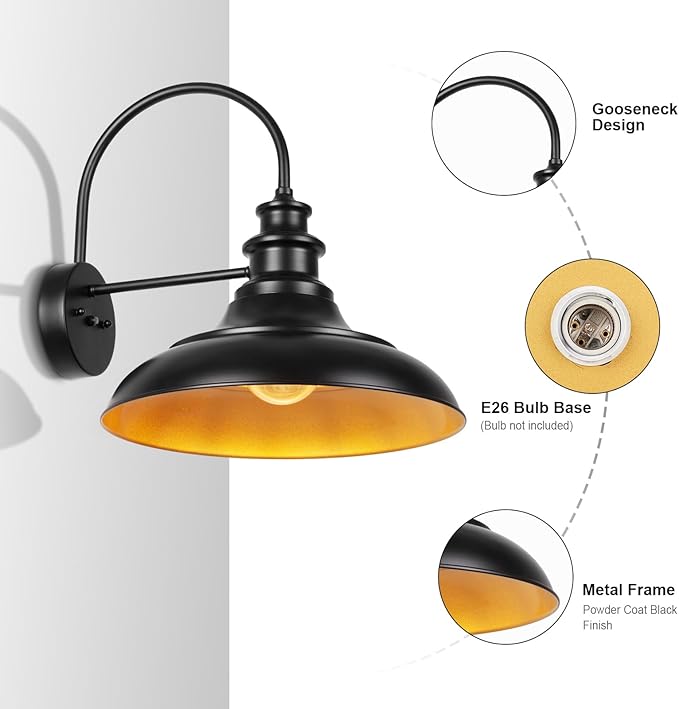 Dusk to Dawn Sensor Outdoor Barn Light Fixtures, 16 Inch Dome Farmhouse Outdoor Wall Sconces, Rustic Gooseneck Exterior Wall Mount Lights, Industrial Black Gold Wall Lanterns for Porch, 2 Pack