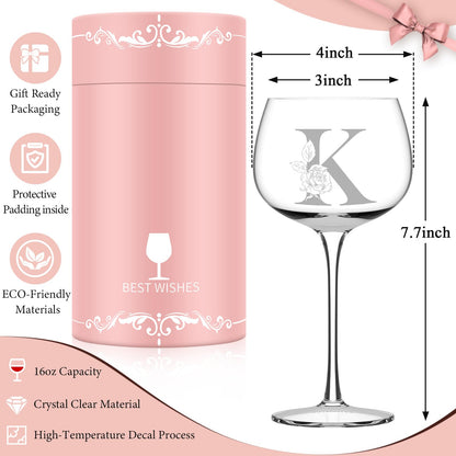Personalized Gifts for Women, Monogrammed A-Z Wine Glass Customized Gift, Unique Christmas Birthday Gifts for Women Her Mom Friend Sister Wife Daughter Nurse (K)