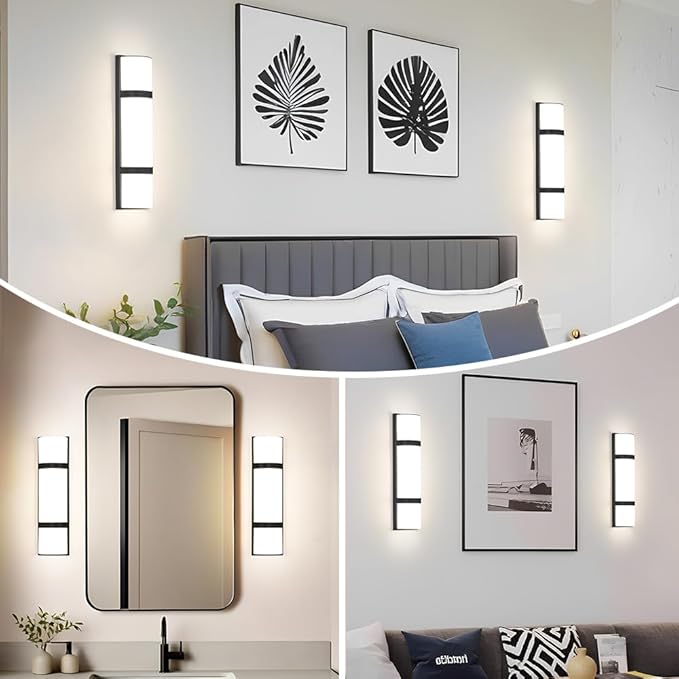 LED Bathroom 16 Inch Vanity Lighting Fixtures | CRI 90 4000K Matte Black Wall Sconces Set of Two with White Frosted Glass Lamp Shade | 120V 15W 1200LM Dimmable with Dimmer Switch(not Included)