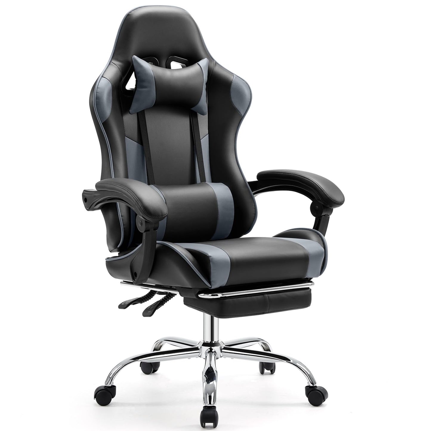 Elevon Ergonomic Video Game Computer Chairs with Footrest & Comfortable Lumbar Support,Height Adjustable Reclining Chair in PU Leather with Headrest and Fixed Armrests, 360° Swivel, Black&Grey
