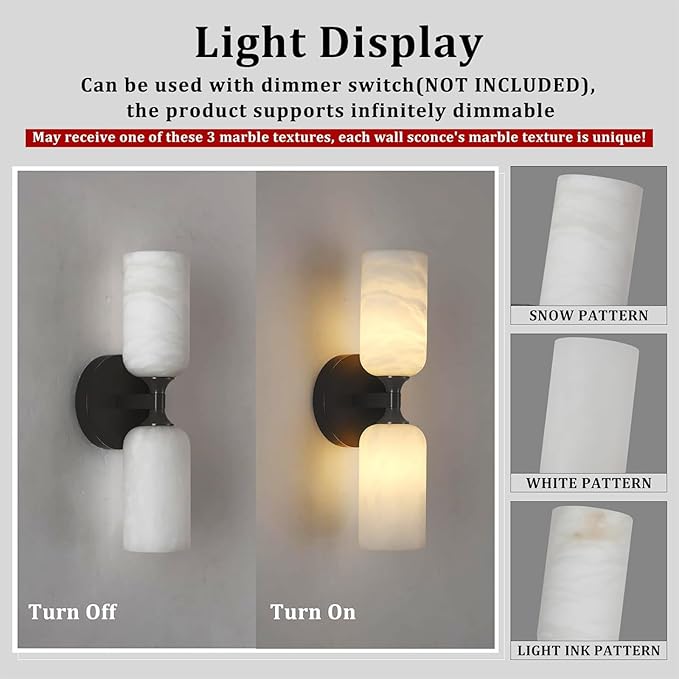 Alabaster Wall Sconce Set of 2, 14in Modern Spanish Natural Marble Bathroom Vanity Sconces, Indoor Black Wall Lighting Fixtures Decor for Bedroom Living Room Staircases