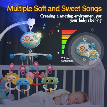 Mini Tudou Baby Musical Crib Mobile with Star Projection & Timing Function,Remote Control Music Box with Muisc & Night Lights,Hanging Rotating Animal Rattles for Kids,Toy for Newborn 0-24 Months