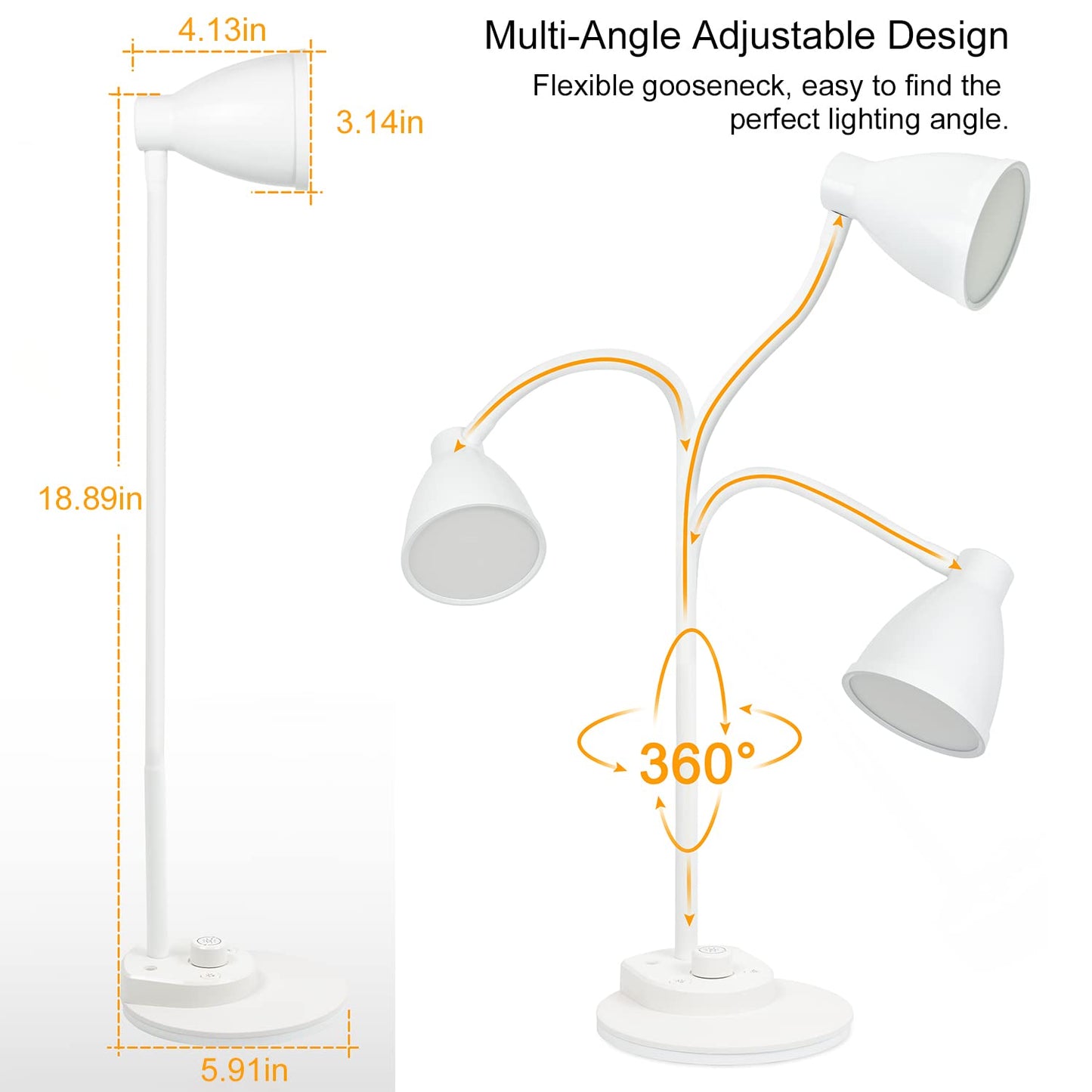 BOHON LED Table Lamp with USB Charging Port, 3 Color Modes Dimmable Reading Lamp, Automatic Dimming Task Lamp, Flexible Goose Neck Table Lamp for Dorm Bedside Table with Adapter, White