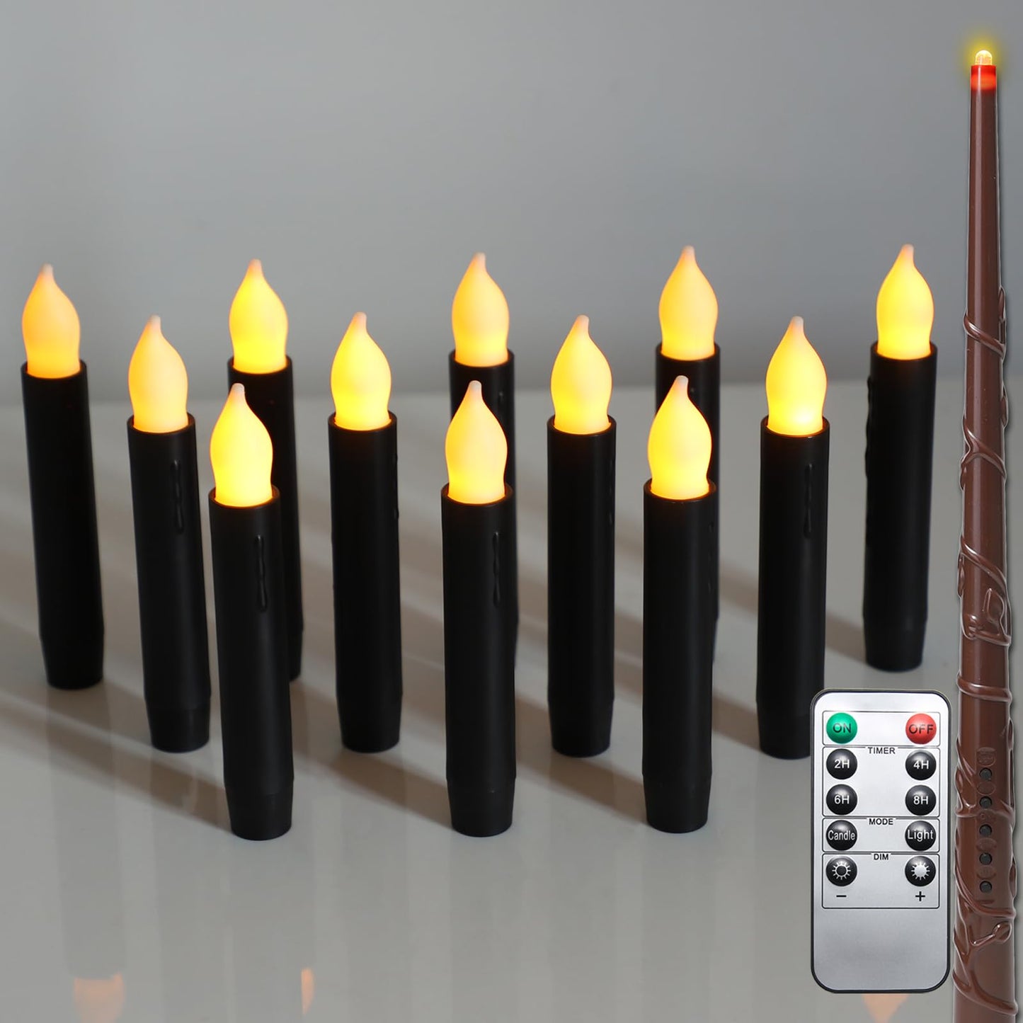 Lezonic 12Pcs Floating Candles with Wand and Remote, Magic Black Flameless Candles Battery Operated, Flikering Hanging LED Taper Candlesticks Halloween Decorations, 0.8" x 6"