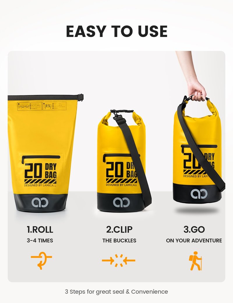 Lamicall Waterproof Dry Bag with Phone Pouch - 5L/10L/20L/30L/40L Floating Roll Top Backpack for Kayaking Boating Beach Camping Fishing - Heavy Duty 500D PVC Marine Dry Sack for Men,Women, Yellow 10L