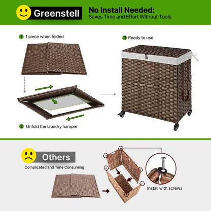 Greenstell Laundry Hamper with Wheels, No Install Needed, 110L Divided Handwoven Hampers & 2 Removable Liner Bags, Rattan Clothes Laundry Basket with Lid & Handles, Foldable Hampers Brown 22x13x26.4In