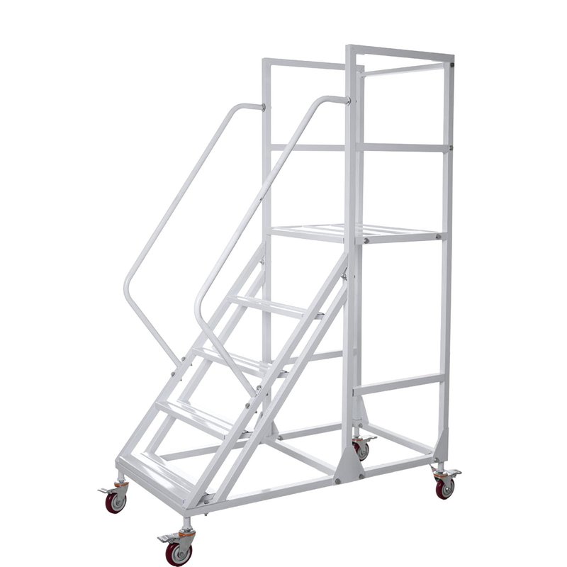 4-Step Rolling Warehouse Step Ladder, Lockable Wheels, Non-Slip Wide Steps, Dual Handrails, Movable Platform Ladder, Rolling Stairs for Warehouse, Supermarket, Library (White, 4 Steps)