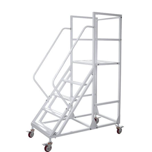 4-Step Rolling Warehouse Step Ladder, Lockable Wheels, Non-Slip Wide Steps, Dual Handrails, Movable Platform Ladder, Rolling Stairs for Warehouse, Supermarket, Library (White, 4 Steps)