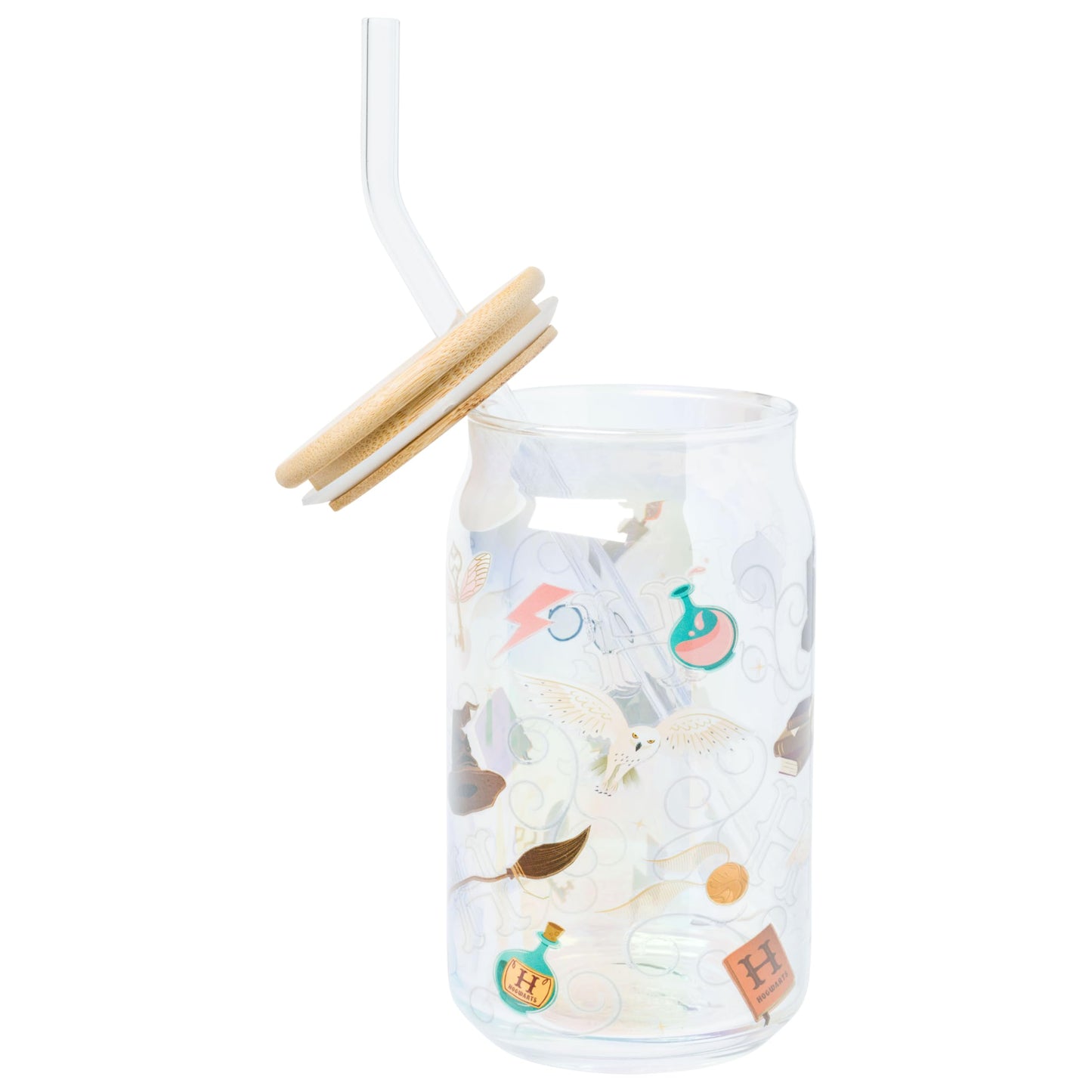 Silver Buffalo Harry Potter Iconic Icons Pattern Wands at the Ready 2 Pack Glass Jar Tumbler with Bamboo Lid and Glass Straw, 16 Ounces