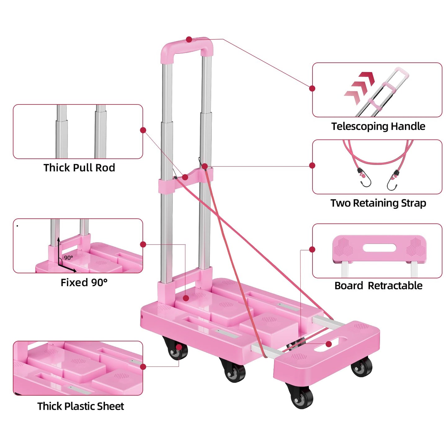 Folding Hand Truck, Foldable Cart for 500 lbs Heavy Luggage, Hand Truck Dolly, 6-Wheel Foldable Dolly with 2 Ropes, Ideal for Home, Office, and Travel Moving (Pink)