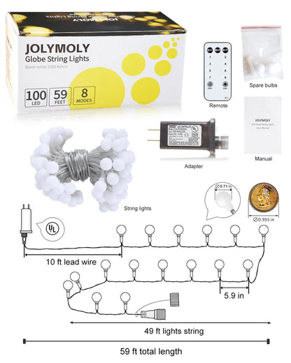 Globe String Lights, 59 Ft 100 LED Christmas Lights with Remote Timer, Connectable Plug in Twinkle Lights for Bedroom Wedding Classroom Indoor Outdoor Decor, Warm White